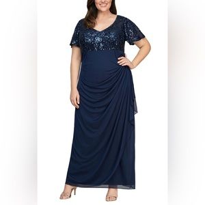 Alex’s Evenings long empire waist dress with embroidered sequin bodice